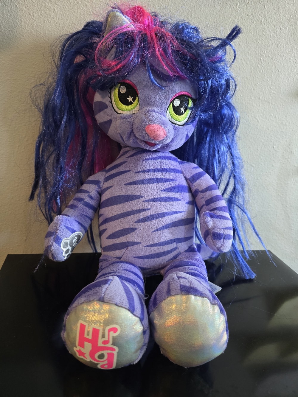 Purple Striped Plush Cat with Blue-Pink Hair